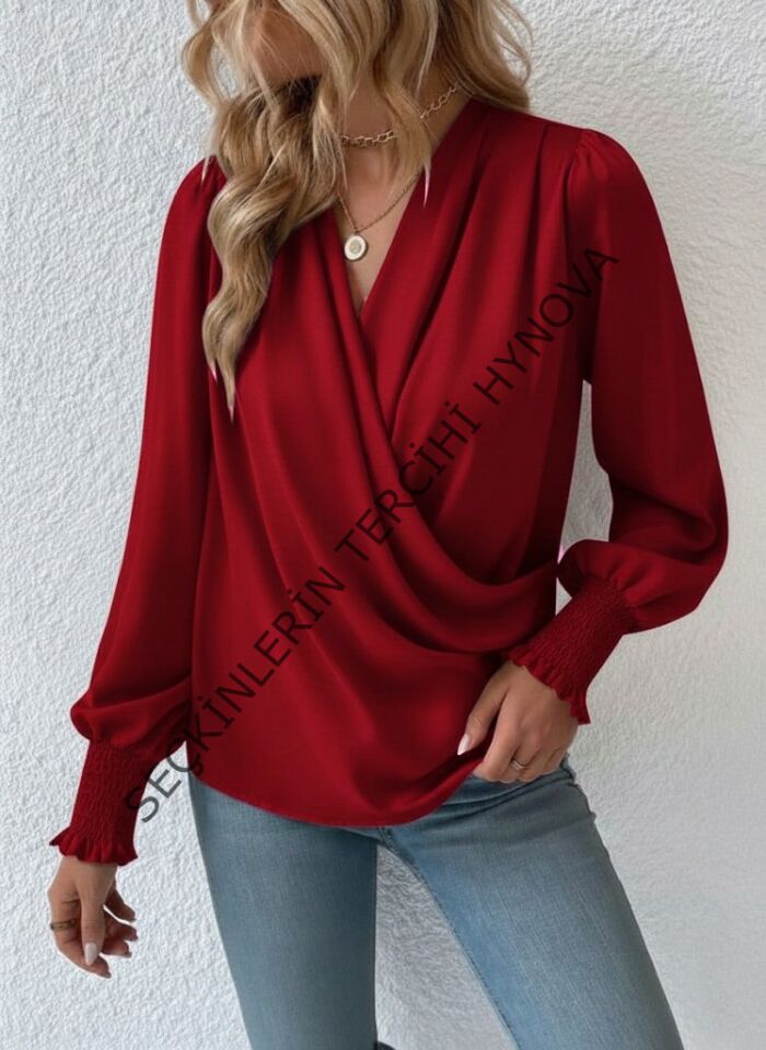 Kadın Uzun Kollu Dökümlü Kruvaze Yaka Kol Ucu Gipeli Sandy Bluz