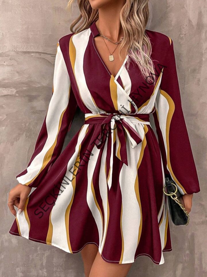 Kadın Uzun Kollu Kruvaze Yakalı Desenli Modal Mini Elbise