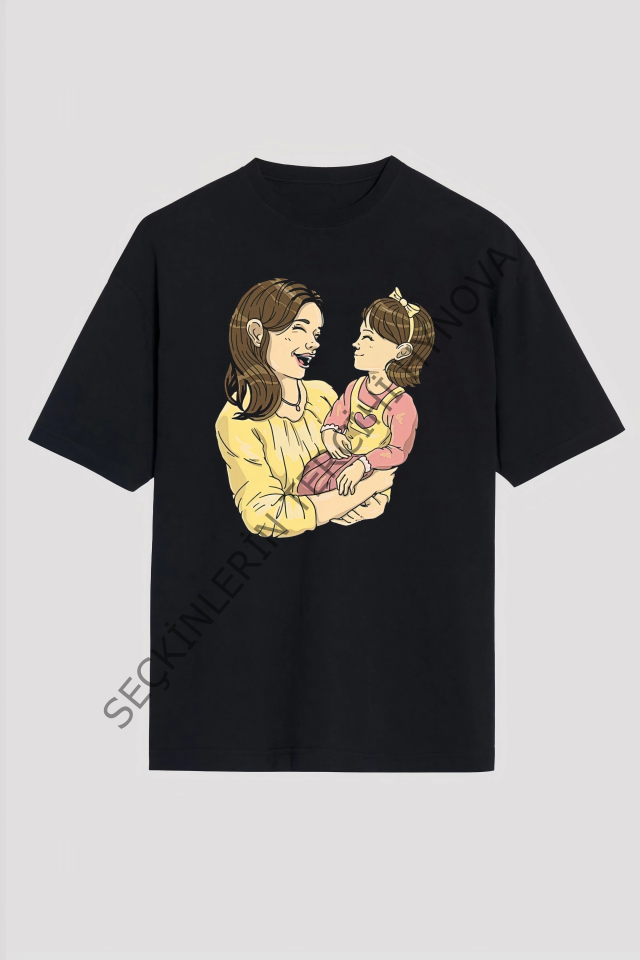 Anneler Gününe Özel Tasarım Anne Kız Baskılı T-shirt - Siyah