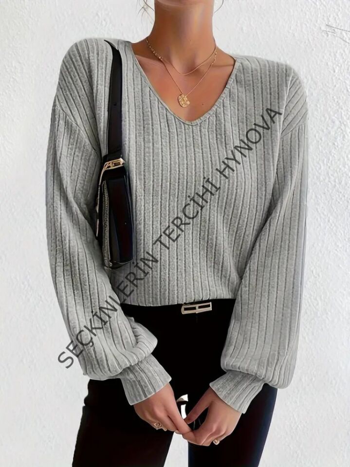 Kadın Uzun Kollu V Yakalı Salaş şardonlu Kaşkorse Bluz