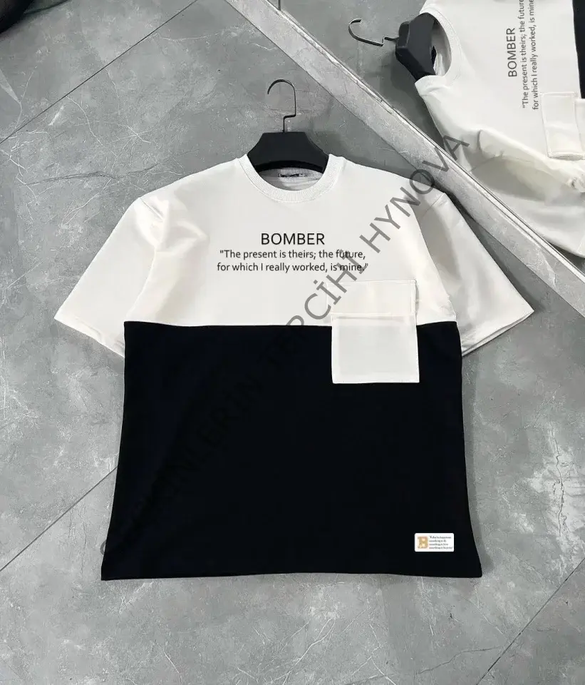 Unisex Torba Cep Detaylı  Parçalı T-Shirt - Siyah