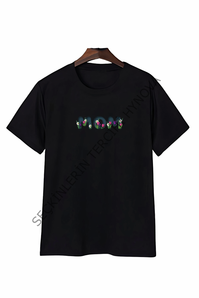 Anneler Gününe Özel Tasarım Mom Çiçek Baskılı T-shirt - Siyah
