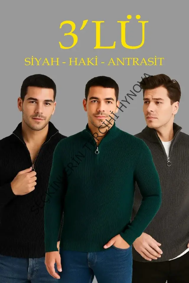 Erkek Fitilli Triko Kazak 3’lü Set – Haki, Siyah, Antrasit Kalın Dokuma Pamuklu Regular Fit V Yaka Fermuarlı Uzun Kollu Rahat Kışlık Kazak Kombini