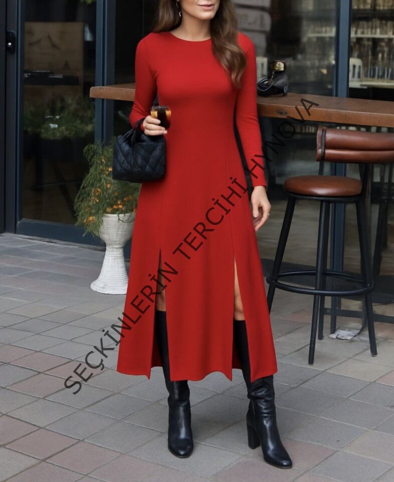 Kadın Uzun Kollu Hafif Kayık Yaka Sırt Dekolteli Yırtmaç Detaylı Viskon Tam Boy Elbise
