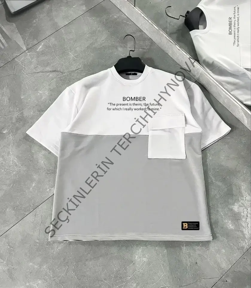 Unisex Torba Cep Detaylı  Parçalı T-Shirt - Gri