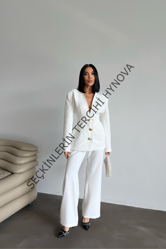 TASARIM CEKET-PANTOLON TAKIM METAL DÜĞME DETAYLI - Beyaz