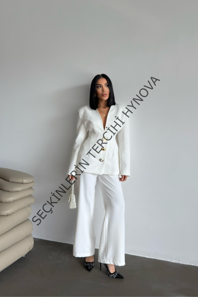 TASARIM CEKET-PANTOLON TAKIM METAL DÜĞME DETAYLI - Beyaz