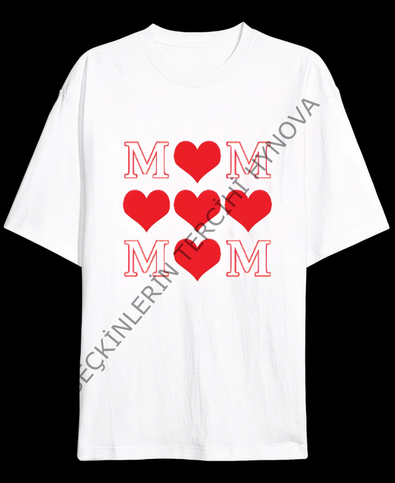 Anneler Gününe Özel Tasarım MOM Kalp Baskılı T-shirt - Beyaz