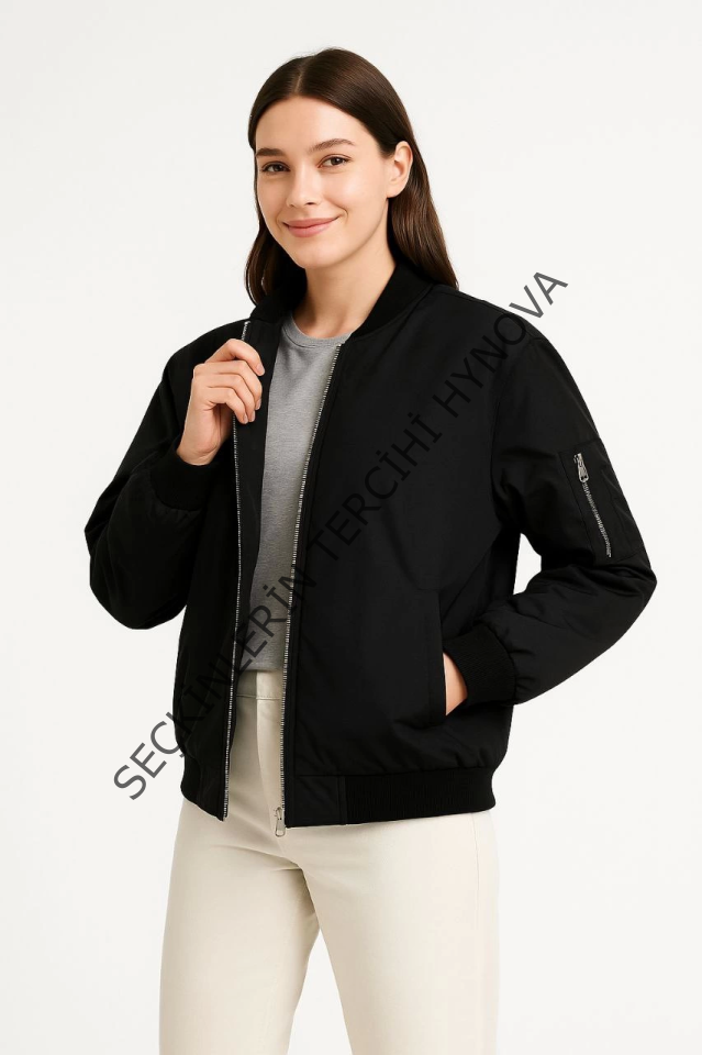 Içi Astarlı Fermuarlı Bomber Mont Ceket - Siyah