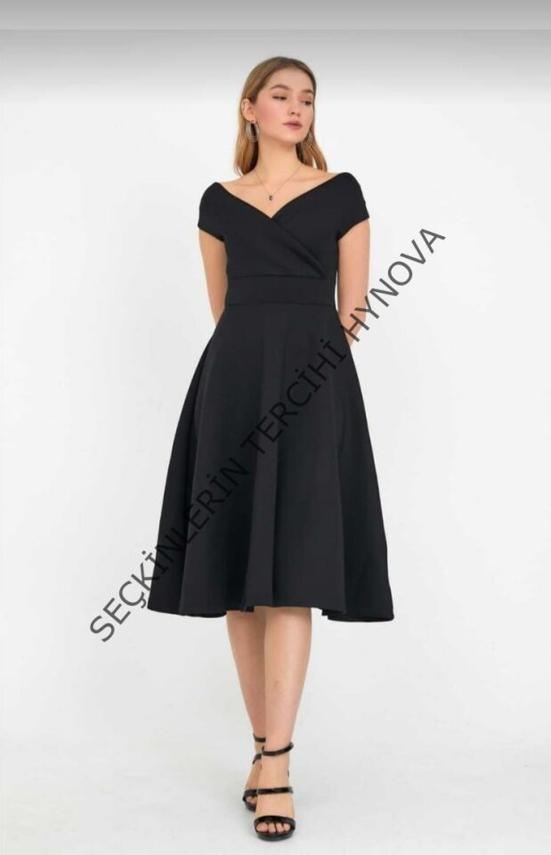 Düşük Omuz Eteği Pileli Krep Kumaş Midi Boy Elbise