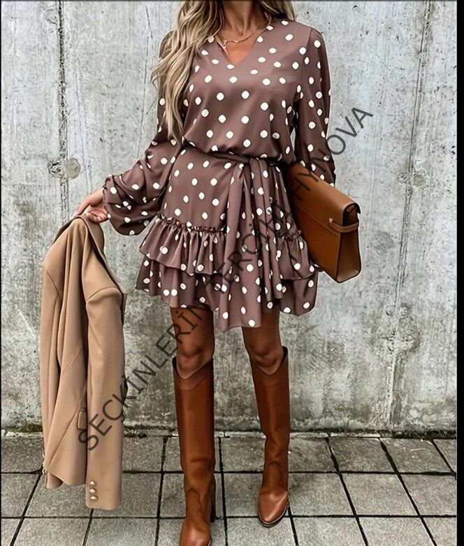 Kadın Uzun Kollu V Yakalı Belden Kuşaklı Puantiyeli Mini Modal Elbise