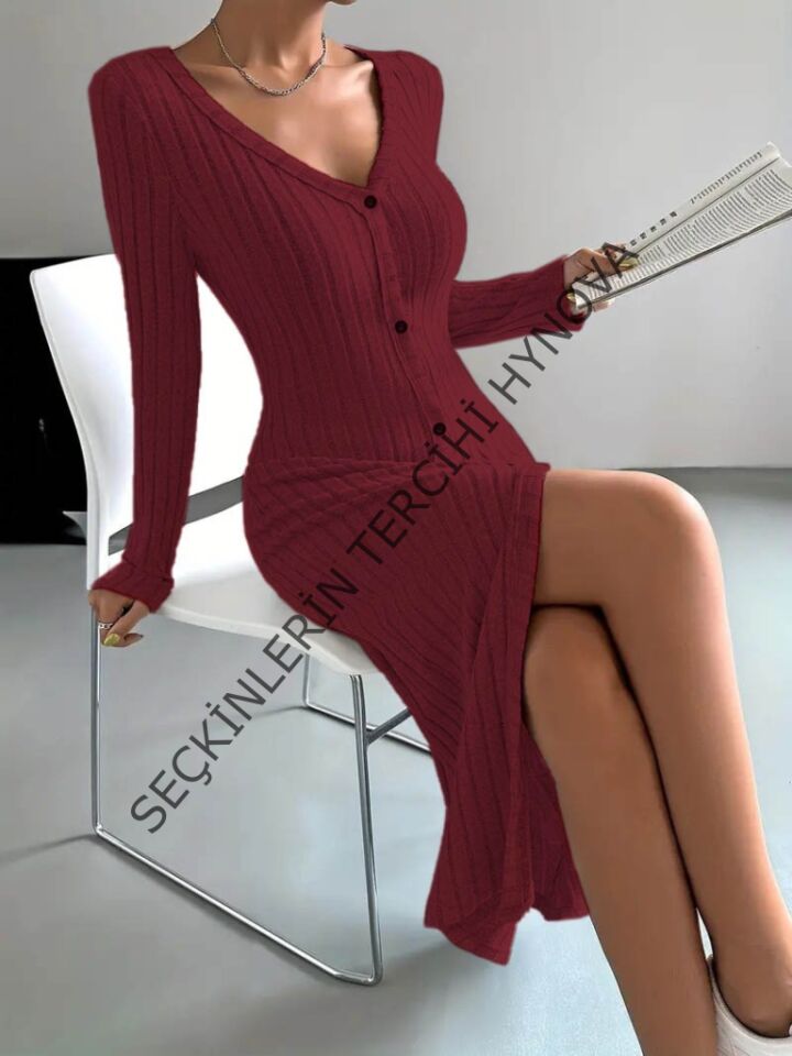 Kadın Uzun Kollu V Yakalı önden Düğmeli şardonlu Kaşkorse Elbise