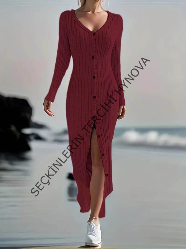Kadın Uzun Kollu V Yakalı önden Düğmeli şardonlu Kaşkorse Elbise