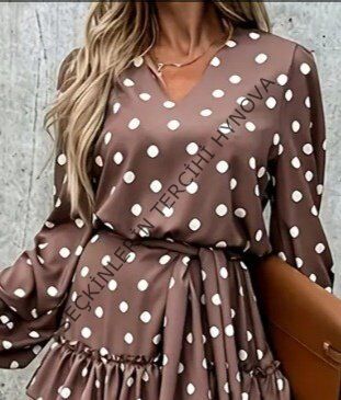 Kadın Uzun Kollu V Yakalı Belden Kuşaklı Puantiyeli Mini Modal Elbise