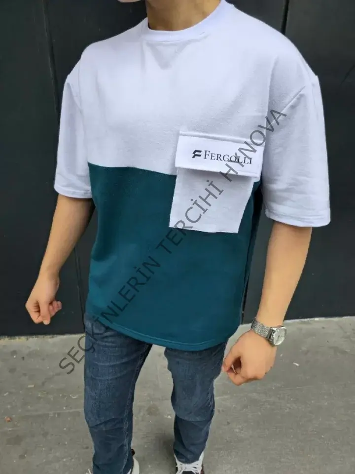 Unisex Torba Cep Detaylı  Parçalı T-Shirt - Lacivert