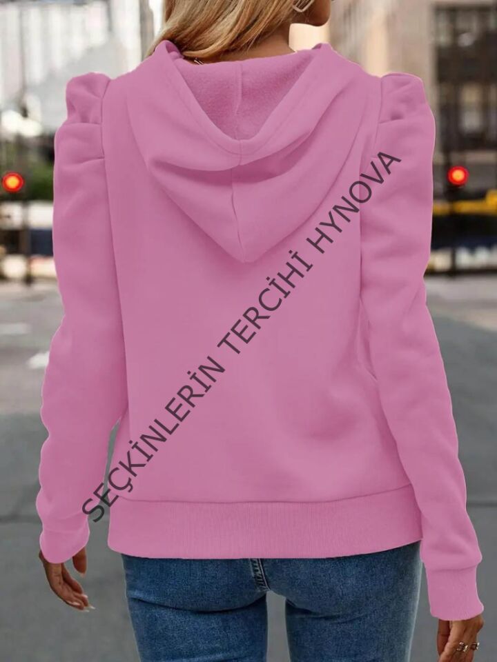 Kadın Uzun Kollu Kapşonlu Bağcıklı Kollarda Büzgü Detaylı Iki Iplik Bluz