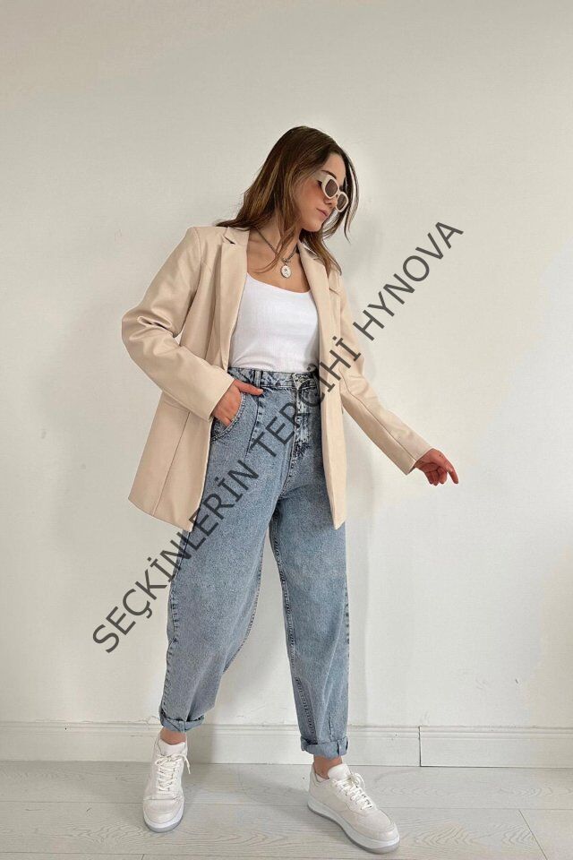 Bej Düğmeli Deri Ceket