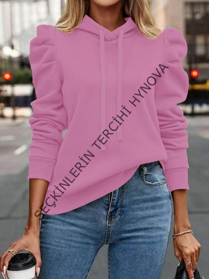 Kadın Uzun Kollu Kapşonlu Bağcıklı Kollarda Büzgü Detaylı Iki Iplik Bluz
