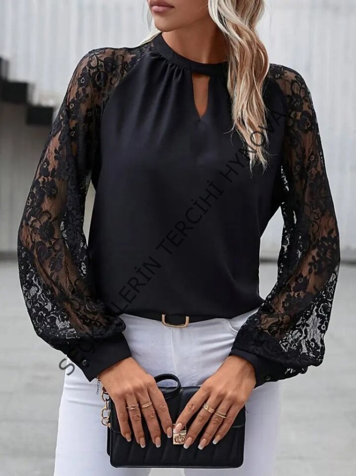 Kadın Uzun Dantel Kollu Yuvarlak Yakalı Sandy Bluz