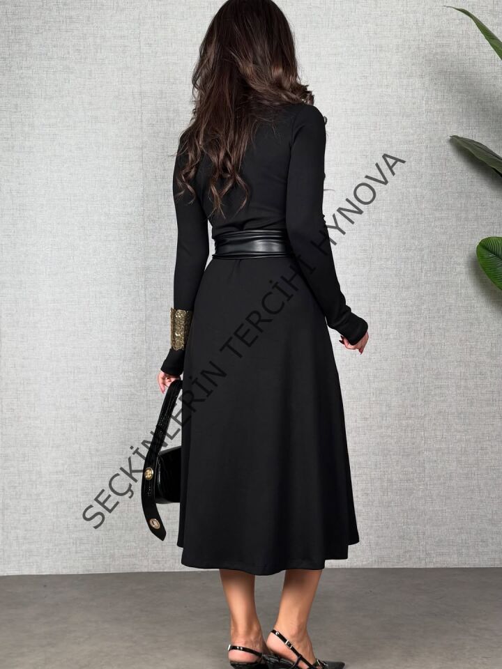 Kadın Uzun Kollu Yakalı Belden Deri Detaylı Kuşaklı Yırtmaçlı Midi Viskon Iki Iplik Elbise