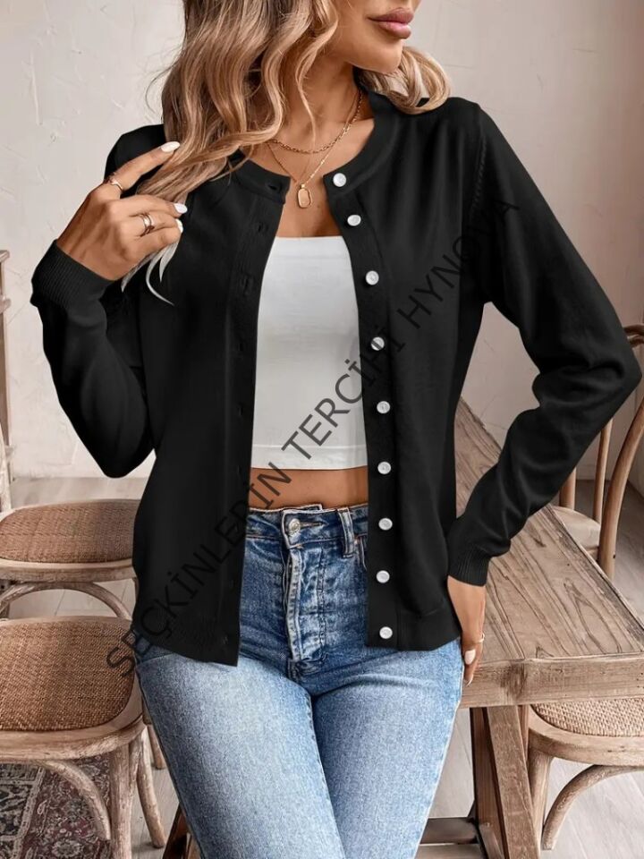 Kadın Uzun Kollu önden Düğmeli Triko Ceket