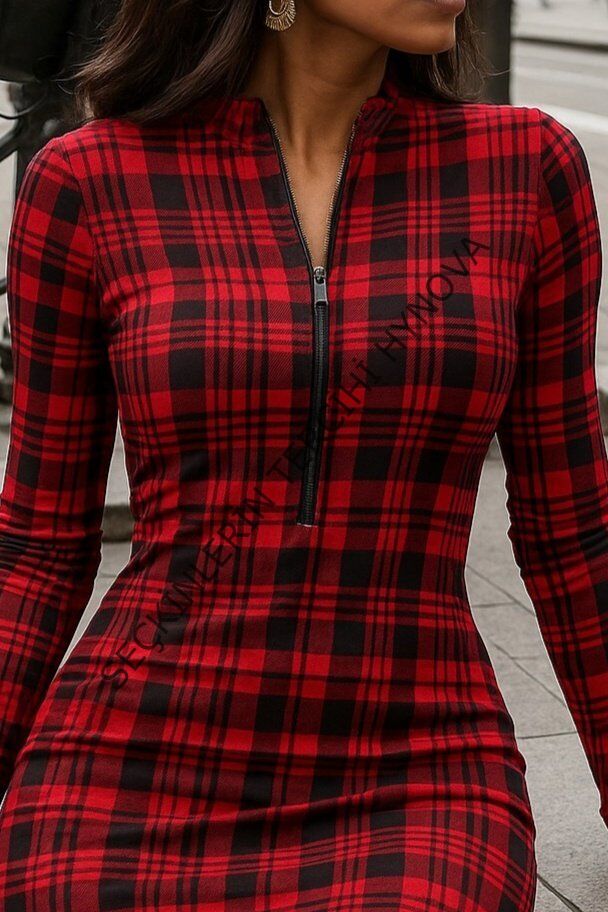 Kadın Uzun Kollu Fermuarlı Ekose Baskılı Dalgıç Elbise