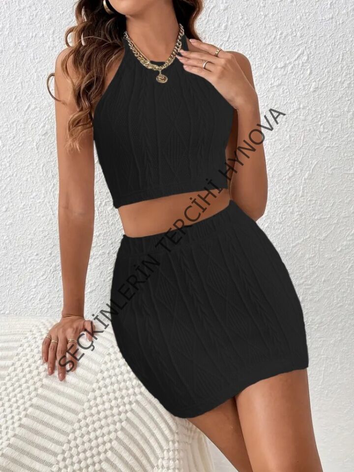 Kadın Kolsuz Mini Erer Crop Ikili Triko Takım