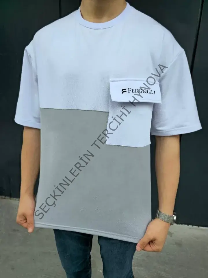 Unisex Torba Cep Detaylı  Parçalı T-Shirt - Gri