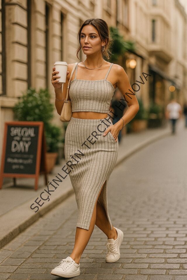 Kadın Kolsuz Askılı Crop Yırtmaçlı Midi Etek Fitilli Kaşkorse Takım