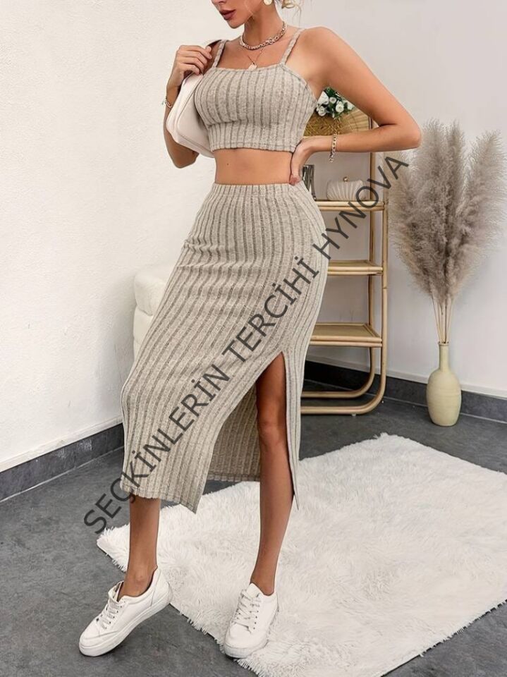 Kadın Kolsuz Askılı Crop Yırtmaçlı Midi Etek Fitilli Kaşkorse Takım