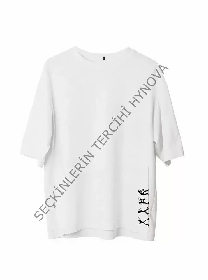Unisex Bisiklet Yaka Baskılı Oversize T-Shirt - Beyaz