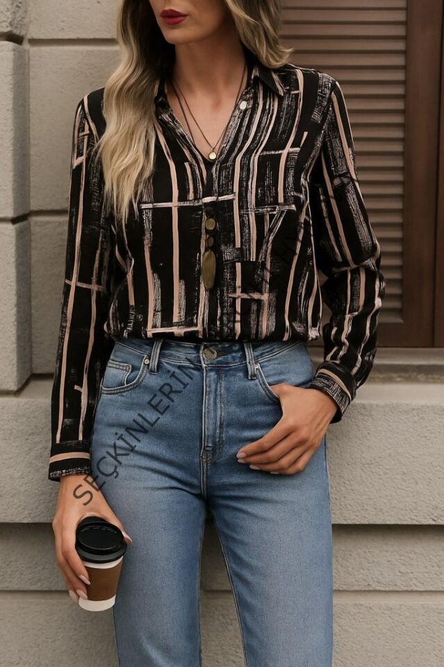 Kadın Uzun Kollu V Yakalı Desenli Dalgıç Bluz