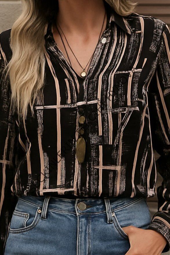 Kadın Uzun Kollu V Yakalı Desenli Dalgıç Bluz