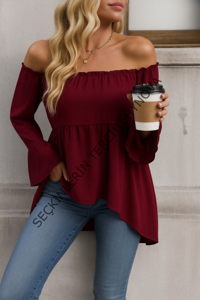 Kadın Uzun Kollu Madonna Yaka Asimetrik Detaylı Kolları Ispanyol Viskon Bluz