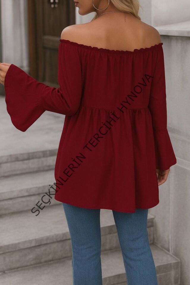 Kadın Uzun Kollu Madonna Yaka Asimetrik Detaylı Kolları Ispanyol Viskon Bluz