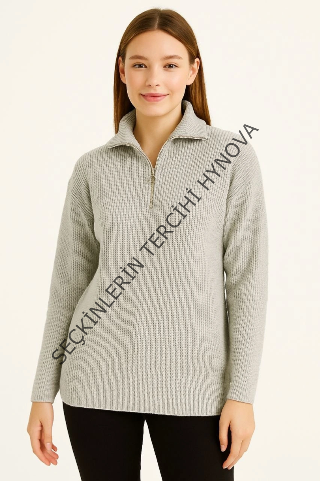 KADIN Yarım Fermuarlı Triko Kazak – Selanik Örgü, Dik Yaka, Pamuklu Dokuma, Regular Fit Uzun Kollu Kışlık Model - Gri