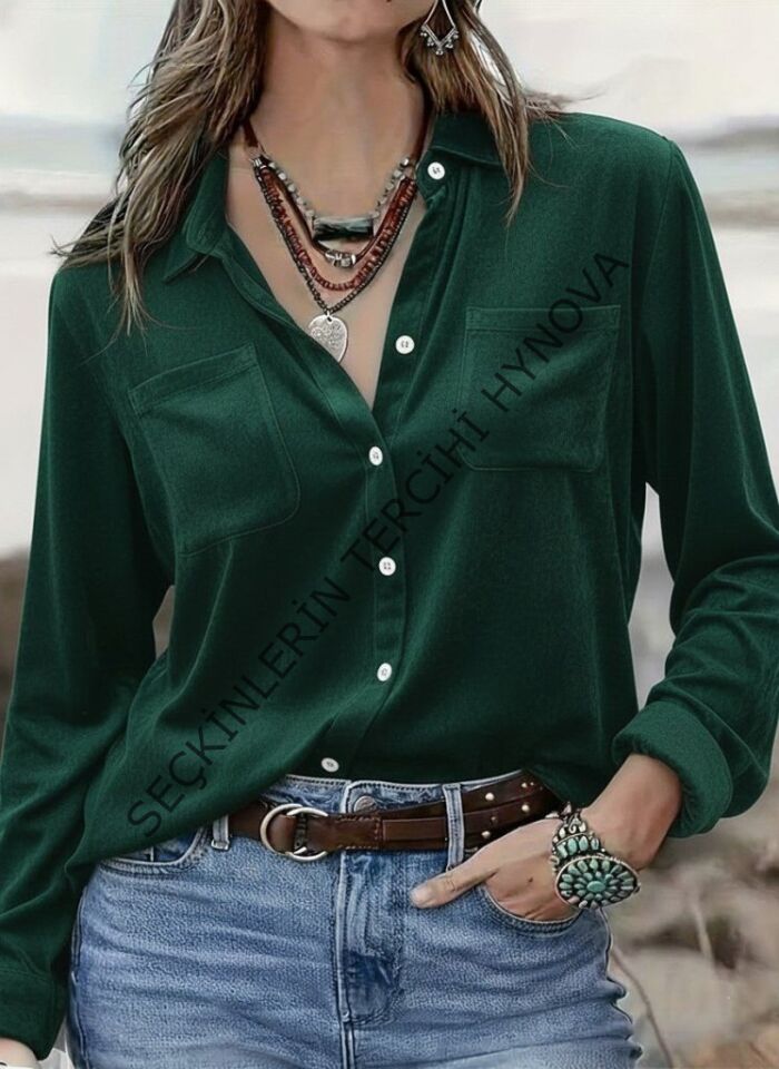 Kadın Uzun Kollu Yakalı önden Düğmeli Cep Detaylı Kadife Gömlek