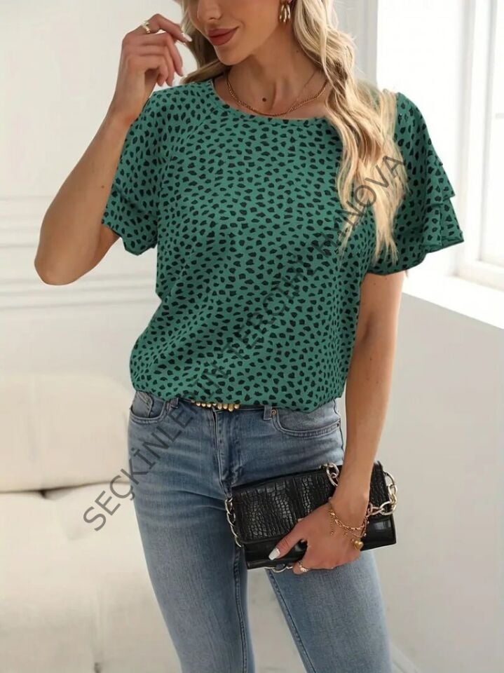 Kadın Kısa Kollu Kolları Volanlı Baskılı Süprem Bluz