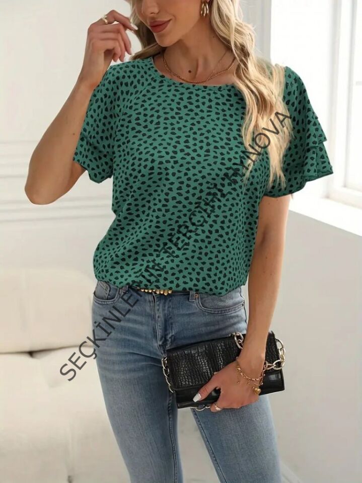 Kadın Kısa Kollu Kolları Volanlı Baskılı Süprem Bluz