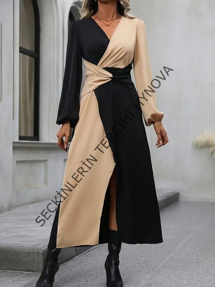 Kadın Uzun Kollu Kruvaze Yakalı Belden çapraz Detaylı çift Renkli Midi Ithal Krep Elbise