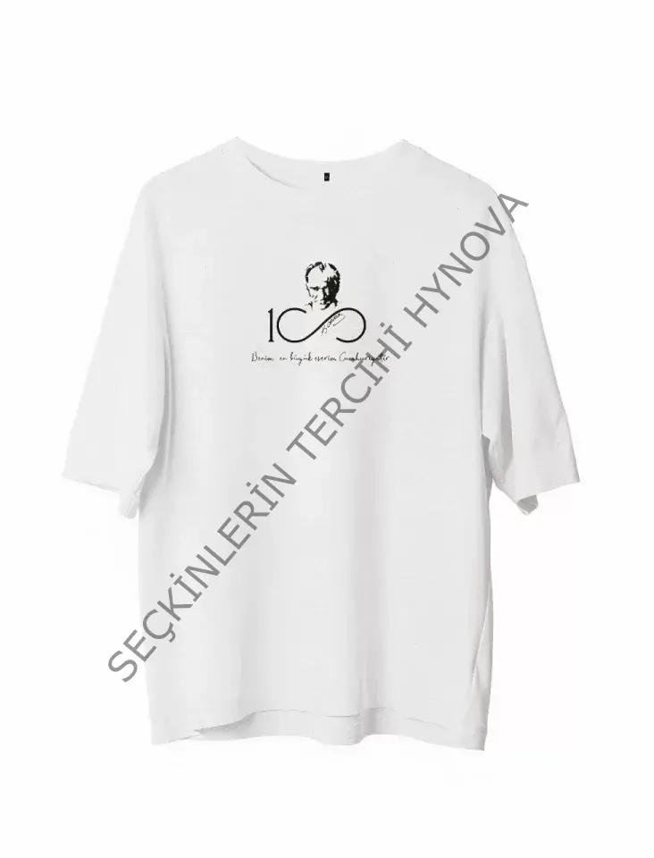 Unisex Bisiklet Yaka Baskılı Oversize T-Shirt - Beyaz