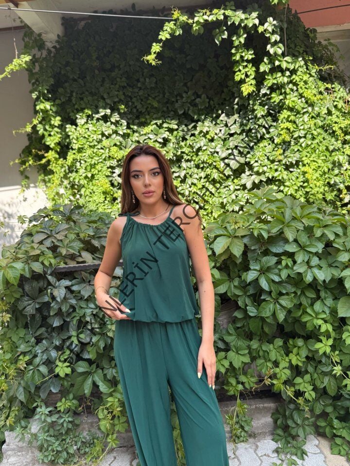 Kadın Omuz Askılı Döküm Detay Salaş Sandy Kumaş Tulum