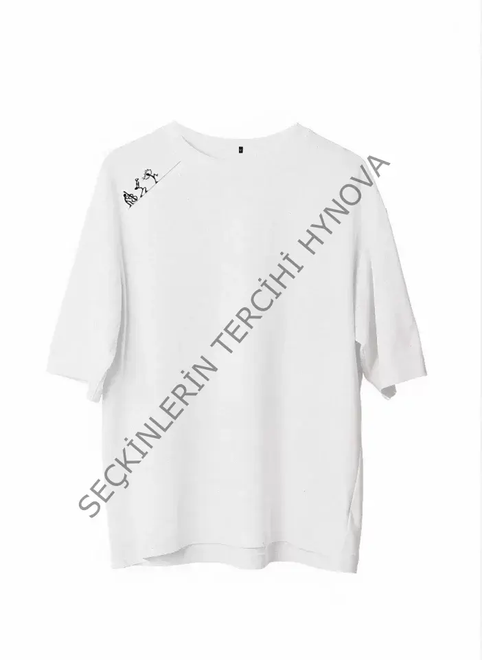 Unisex Bisiklet Yaka Baskılı Oversize T-Shirt - Beyaz