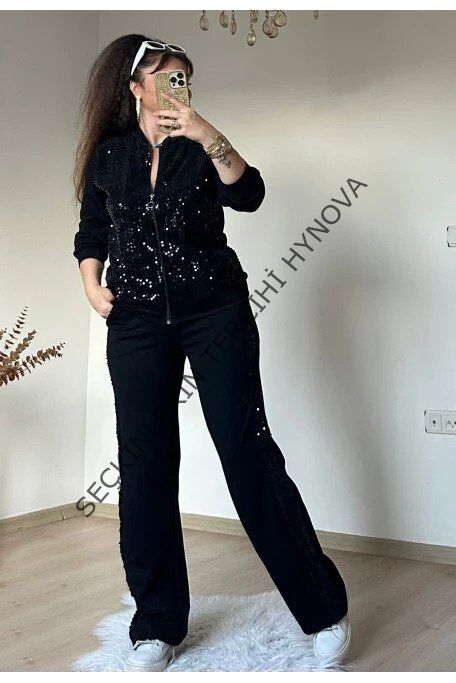 Kadın Uzun Kollu Pul Payet Detay Fermuarlı Iki Iplik Kumaş Ikili Takım