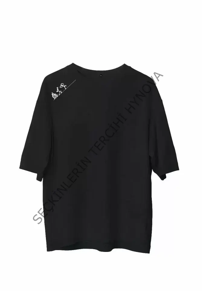 Unisex Bisiklet Yaka Baskılı Oversize T-Shirt - Siyah