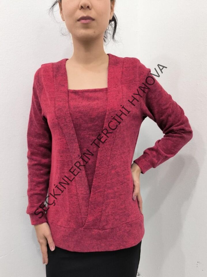 Kadın Uzun Kollu Kruvaze Yaka Kol Ve Etek Ucu Manşet Detay Yumoş Bluz