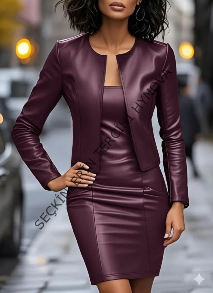 Kadın Uzun Kollu önü Açık Deri Ceket Ve Askılı Yuvarlak Yakalı Mini Elbise Ikili Takım