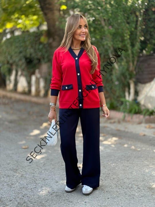 Kadın Uzun Kollu Ribanali Cep Detay Hırka Ve Bol Paça Pantolon Ikili Takım