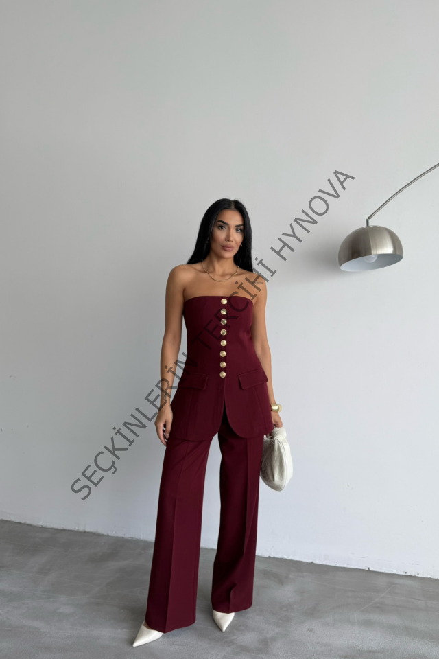 TASARIM GOLD DÜĞMELİ STRAPLEZYELEK - Bordo