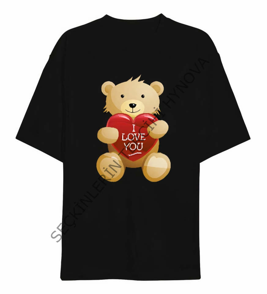 Sevgililer Günü İçin Özel Tasarım I Love You Ayı Baskılı T-shirt - Siyah
